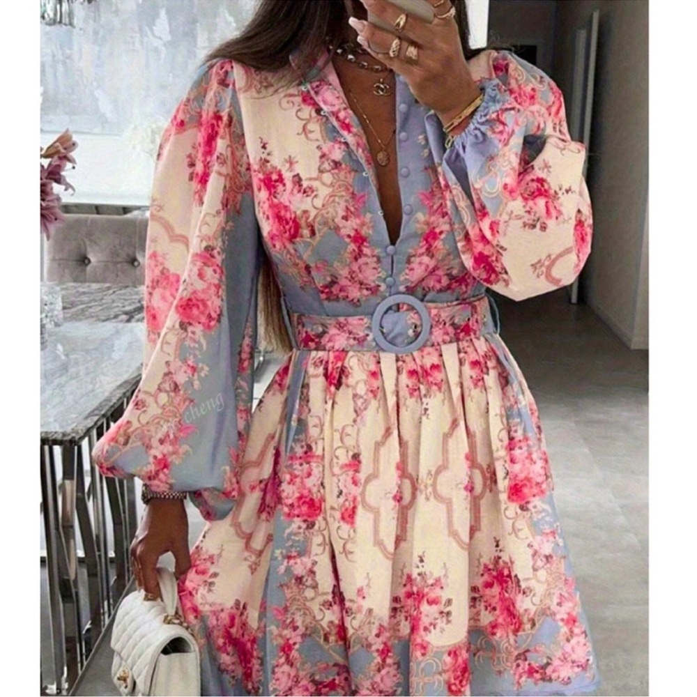 Boho Floral Print Button Ruffle Hem Belted Long Sleeve Dress S M L XL XXL